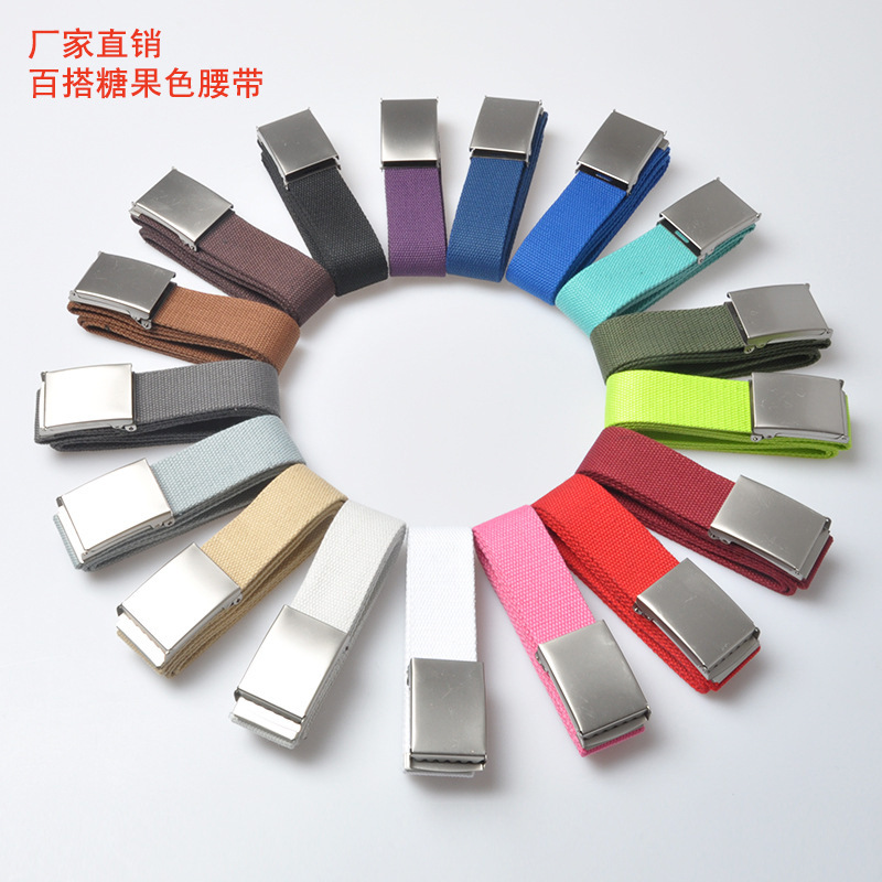 Cinturón lona de algodón tejido de poliéster directo de fábrica cinturón de hebilla Lisa esmerilado cinturón de color caramelo opcional multicolor