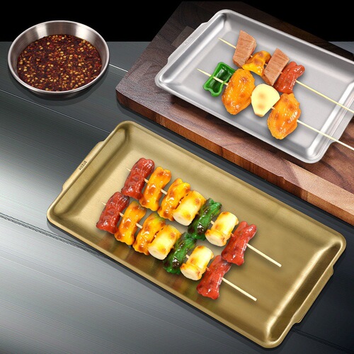 Thickened rectangular golden barbecue plate, vegetable plate, sushi plate, outdoor tray, 304 stainless steel Korean barbecue plate