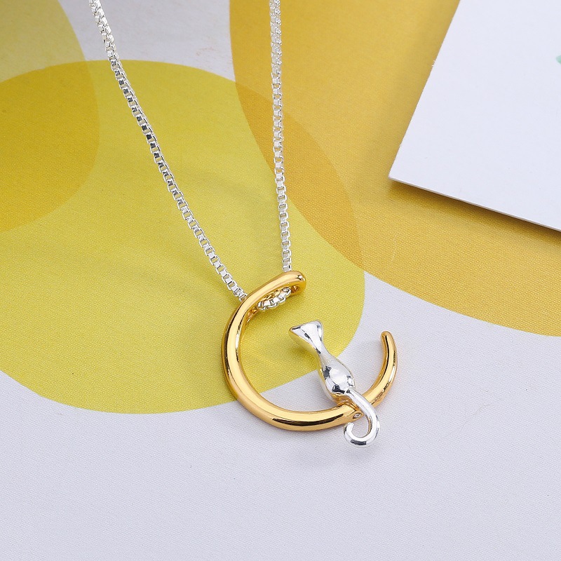 Nuova versione coreana minimalista e alla moda versatile collana in argento con gatto e luna per uomo e donna con ciondolo a forma di gattino carino_voghion.com