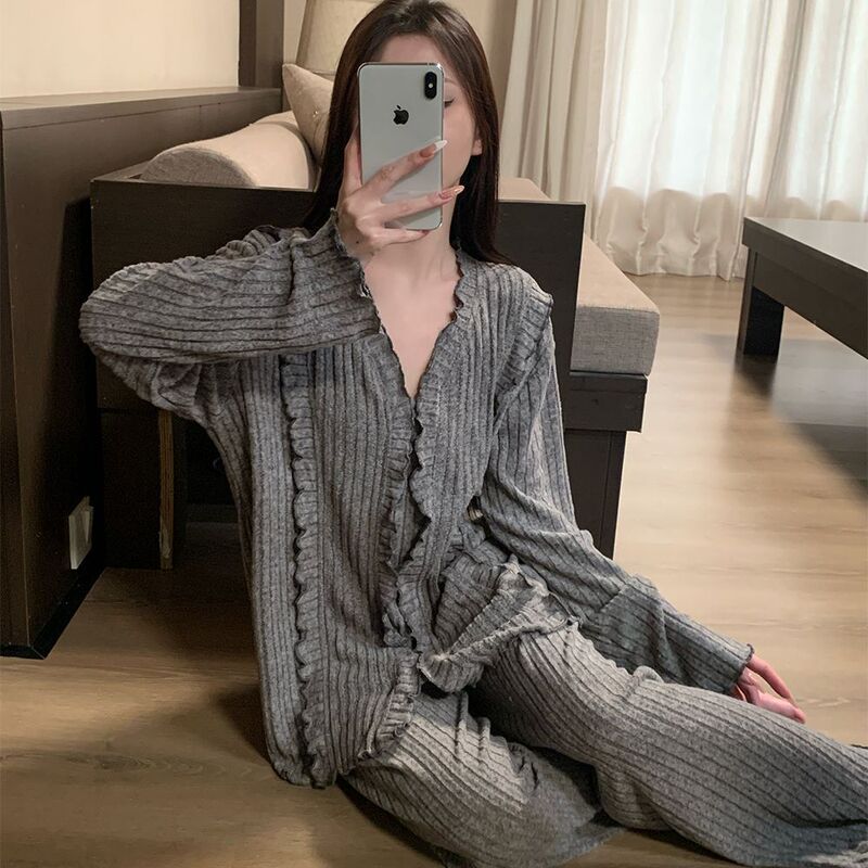 Pajamas for Women Spring and Autum Cashmere Long-Sleeved Fungus Flower V Neck 2025 New High-End Two-Piece Home Clothes