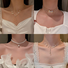 韩国复古珍珠镶钻流苏颈链网红气质设计感花朵蝴蝶结锁骨链项链女