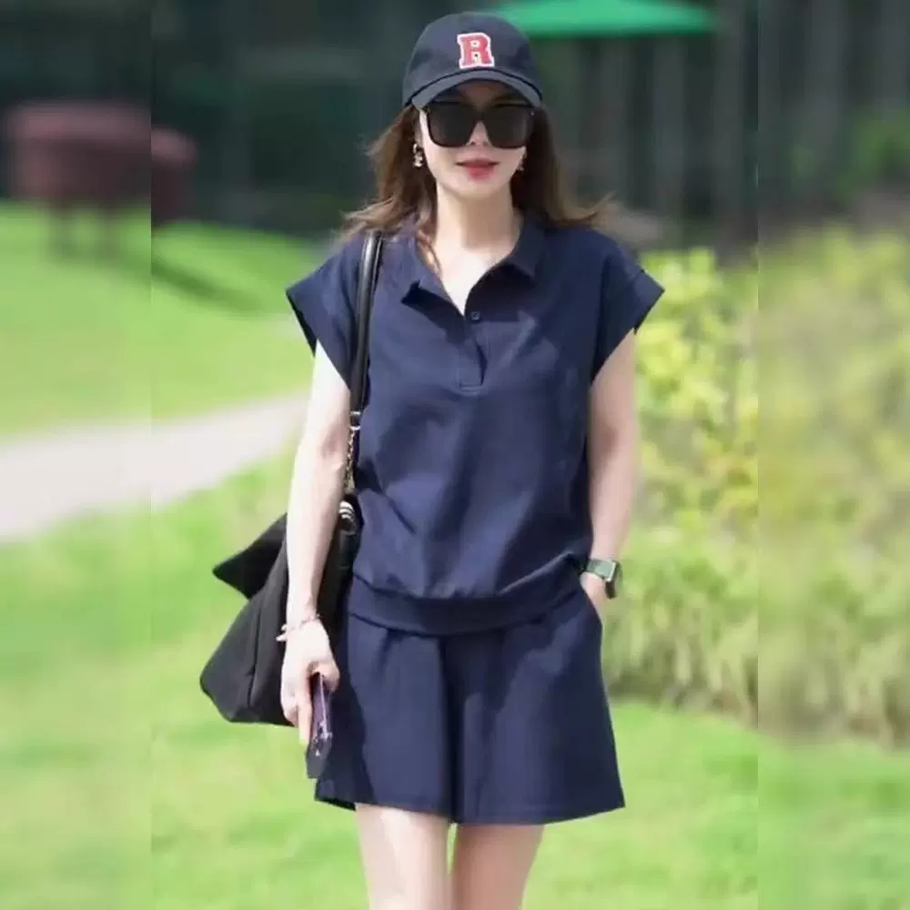 跑步休闲运动服女夏季2025纯色洋气宽松小个子短袖t恤短裤两件套