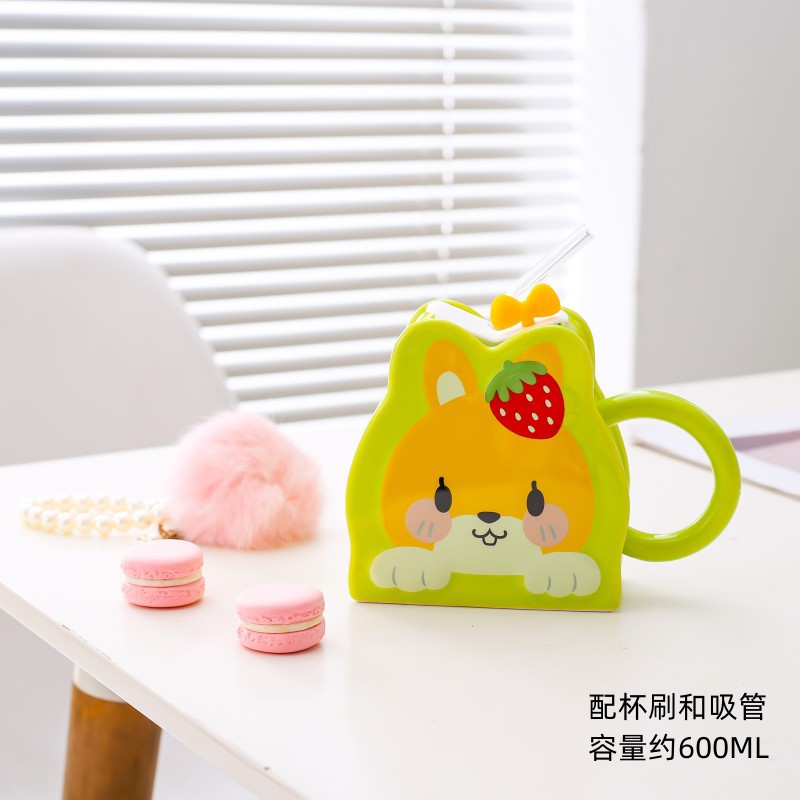 Taza de paja de cerámica creativa de dibujos animados lindo conejo taza Rosa chica corazón gran capacidad pareja taza de agua
