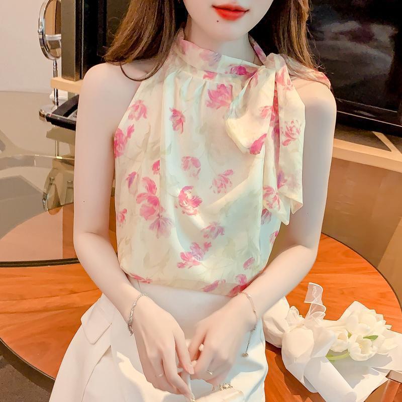 꽃 무늬 쉬폰 셔츠 여성 여름 착용 2025 새로운 디자인 달콤한 틈새 기질 세련된 민소매 홀터 탑