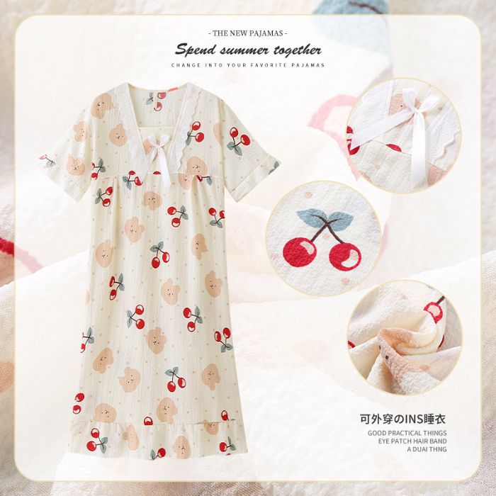 Camisón de manga corta de algodón de burbuja de verano al por mayor transfronterizo de dibujos animados dulce y lindo servicio a domicilio para niñas pijamas sueltos casuales