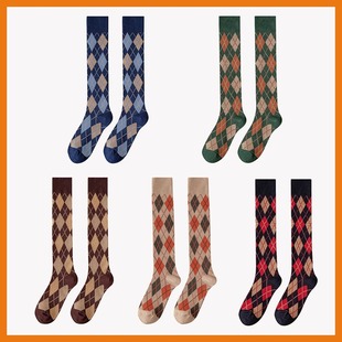 Spring and Autum Japanese Style Retro Quilted Calf Socks Ins Trendy High-Top British Preppy Style Socks Women's Diamond Plaid