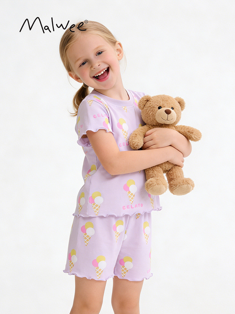Transfronterizo malwee pijamas de niñas verano nuevo estilo europeo y americano niños de cuello redondo de manga corta lindos set de verano para niñas