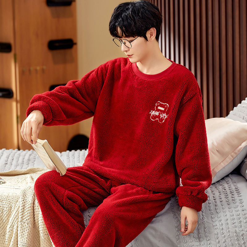 Men's Coral Fleece Pajamas Winter Thickened Warm Cute Cartoon Teenagers Home Clothes Stuffed Suit Men's Autumn