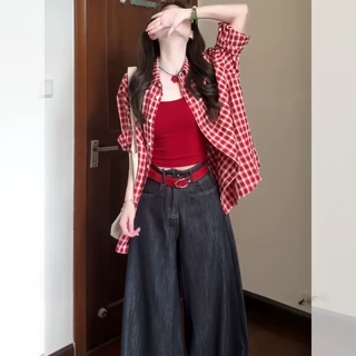 早春季韩系红色格子防晒长袖衬衫衬衣女2025夏季多巴胺绝美上衣