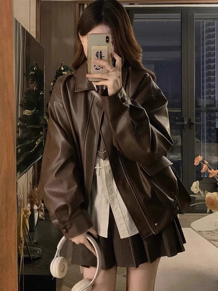 Brown autumn retro windproof polyurethane jacket, American style