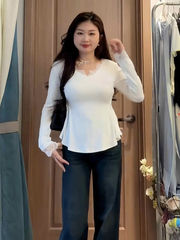 大码纯欲风蕾丝拼接长袖t恤女秋冬微胖mm掐腰德绒设计感加绒上衣