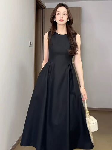 French-style gentle temperament pink sleeveless backless dress, beautiful, unique, high-end, waist-cinching A-line long dress for summer