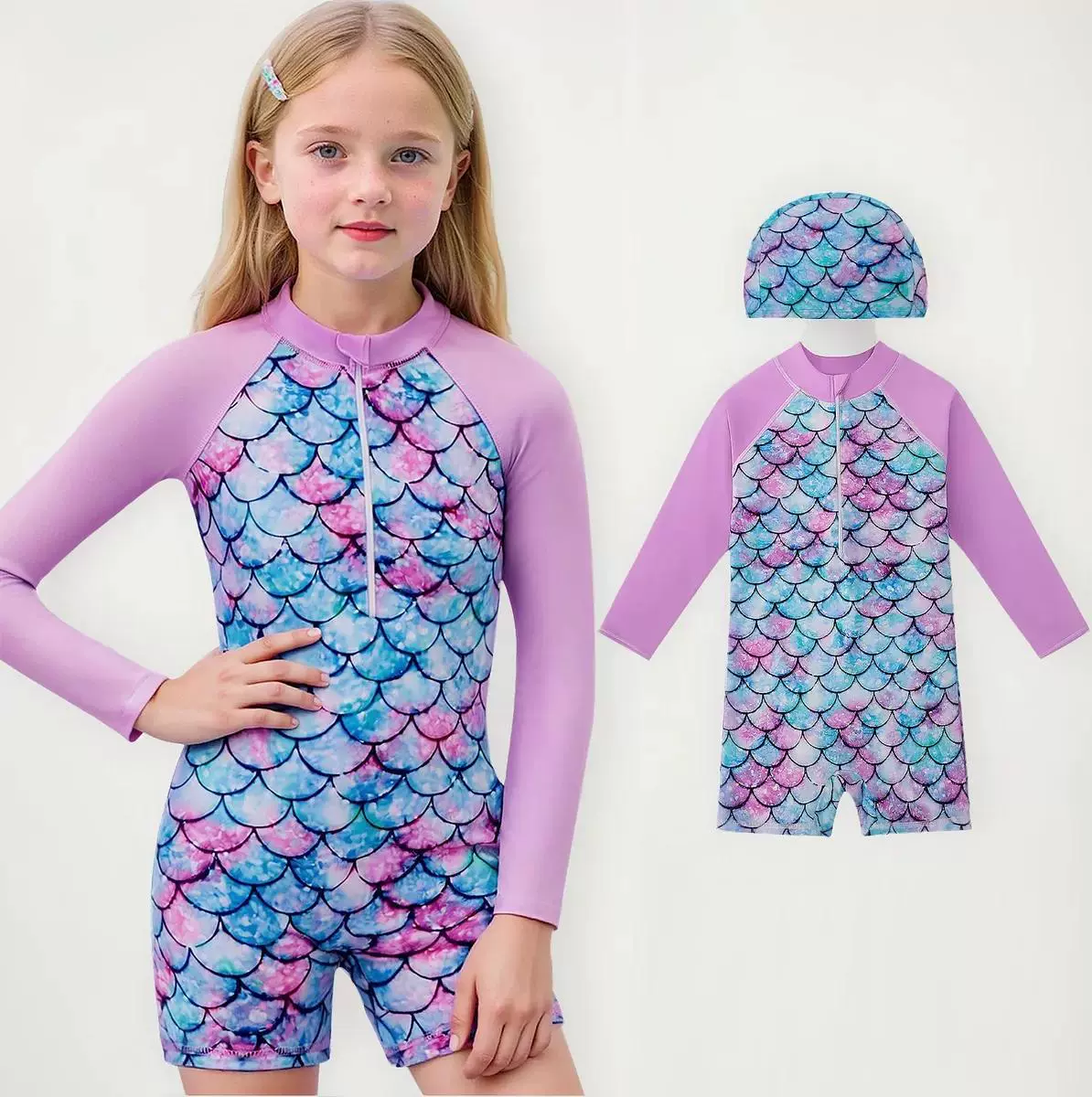 2026外贸儿童泳衣女童长袖鱼鳞印花防晒连体泳装中大童速干游泳衣