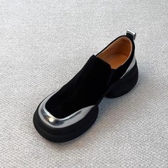 ソフトレザーバージョン〜レトロプラットフォームソール厚底増加ローファー女性用つや消しスリッポンラウンドトゥシンプルな小さな革靴