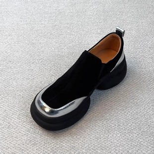 Soft Leather Version ~ Retro Platform Sole Thick Sole Heightening Loafers for Women Frosted One-Leg Round Toe Simple Small Leather Shoes
