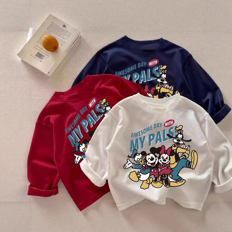 Spring and Autumn Baby Pure Cotton Kidsren's Clothing Boys and Girls Cute Mickey Round Neck Pure Cotton Long-Sleeved Shirt Kidsren's T-Shirt Tops