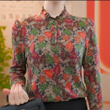 一件代发春秋冬新款打底衫中老年妈妈复古印花撒银上衣长袖t恤衫