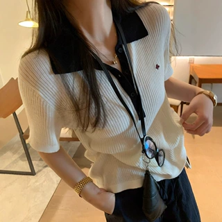2025夏季独特别致时尚撞色Polo领短袖针织衫女时髦减龄百搭上衣