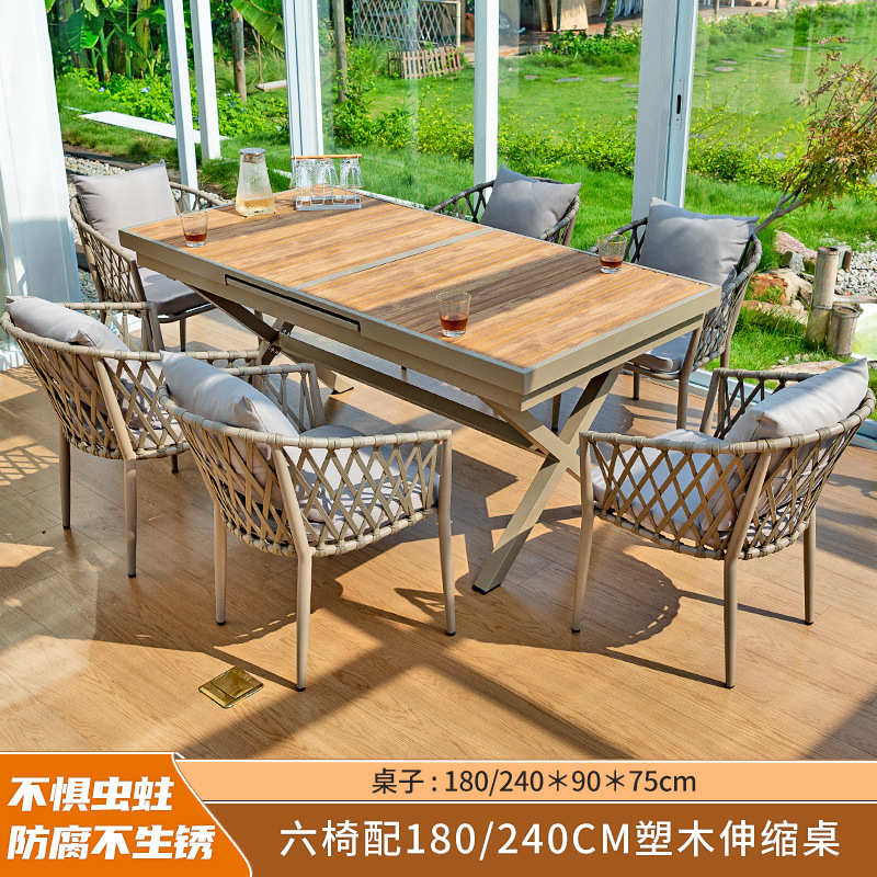 Muebles de exterior Patio Villa Ocio mesa y silla de ratán nórdico balcón al aire libre patio neto plástico rojo mesa de madera y silla