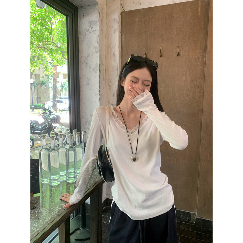 [180g jacquard 100% cotton] V-neck lace inner layer top for women, early autumn BM style pure cotton long-sleeve T-shirt