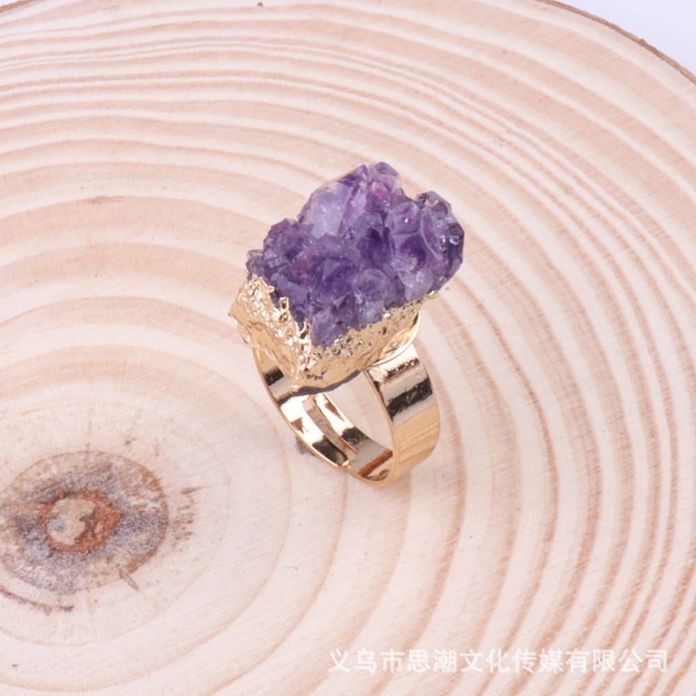 Natural Amethyst Cluster Electroplated Gold Edge Open Ring Fashionable Temperament Irregular Crystal Raw Stone Ring Cross-Border