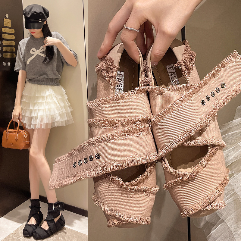 Tassel Cross Strap Women's Ballet Shoes Summer French Retro Single Shoes Square Toe Shallow Flat Shoes Mary Jane Shoes