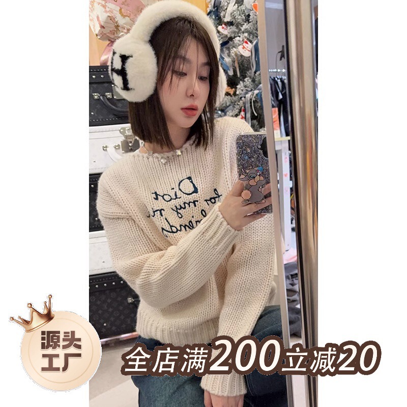 [Letter Wide Collar Loose Sweater] Hollow Knit Long Sleeve Round Neck Pure Cotton Mybl4C125