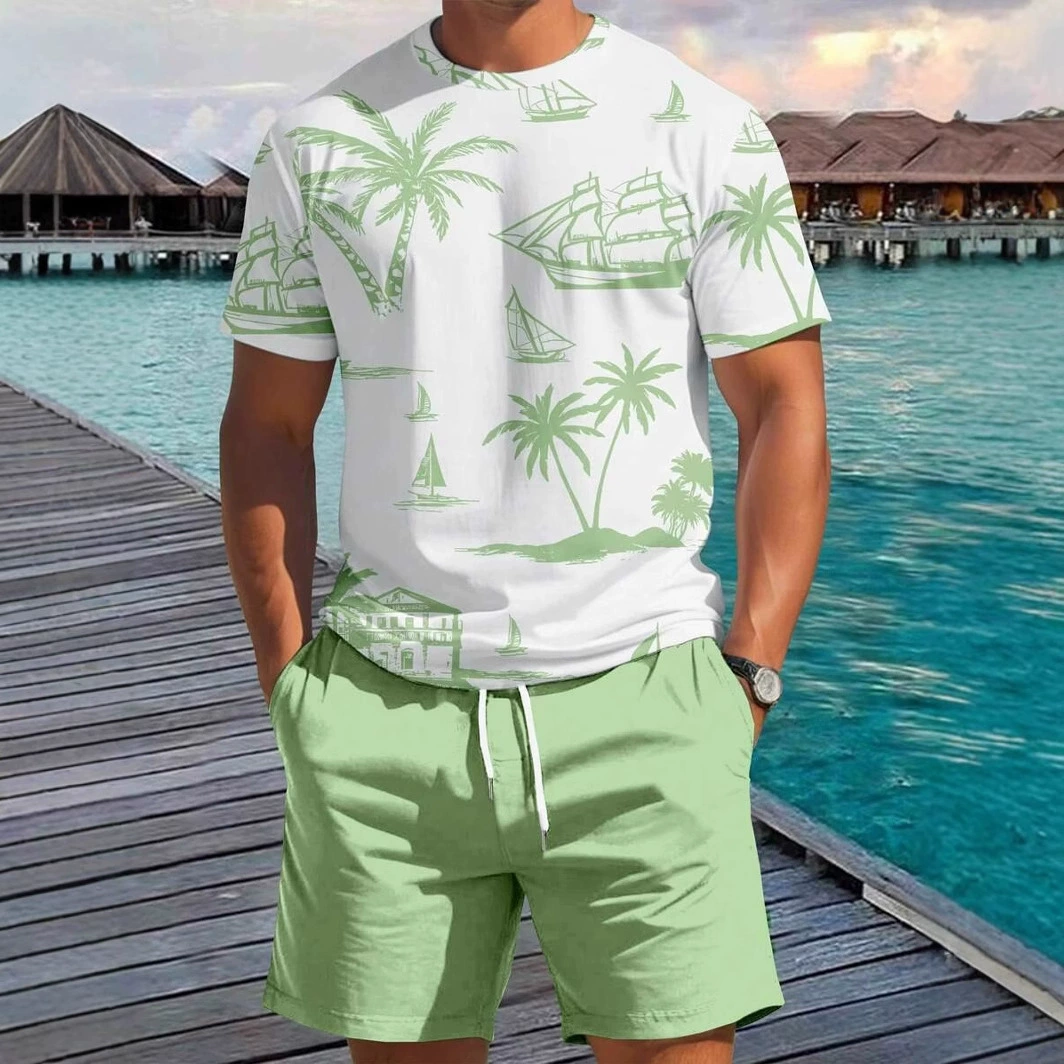 Мужской летний костюм TEMU: шорты с 3D-печатью и футболка с коротким рукавом, пляжный стиль