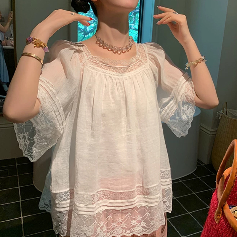 Vintage Girl Full Ramie Lace Patchwork Square Collar Pleated A-line Mid-Sleeve Loose Elegant Shirt Top for Women