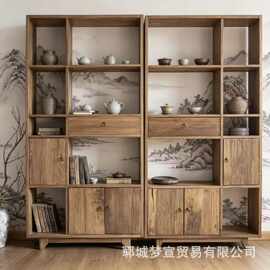 诧寂风老榆木博古架茶室茶具展示架客厅落地储物架民宿酒店装饰柜