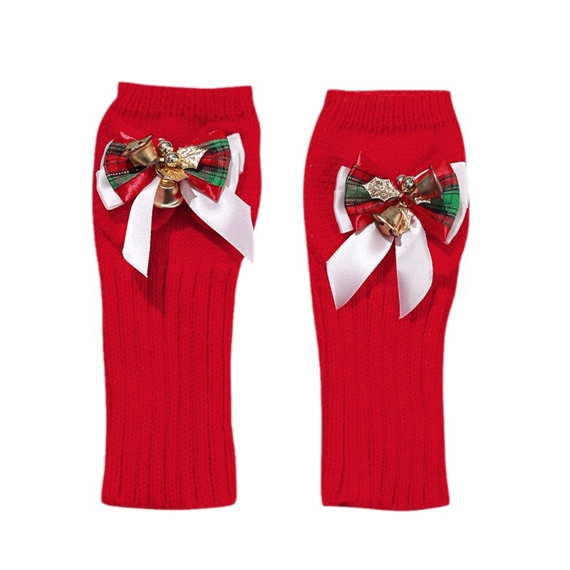 New knitted wool autumn and winter jacquard plaid bow Christmas warm half finger gloves wholesale_voghion.com
