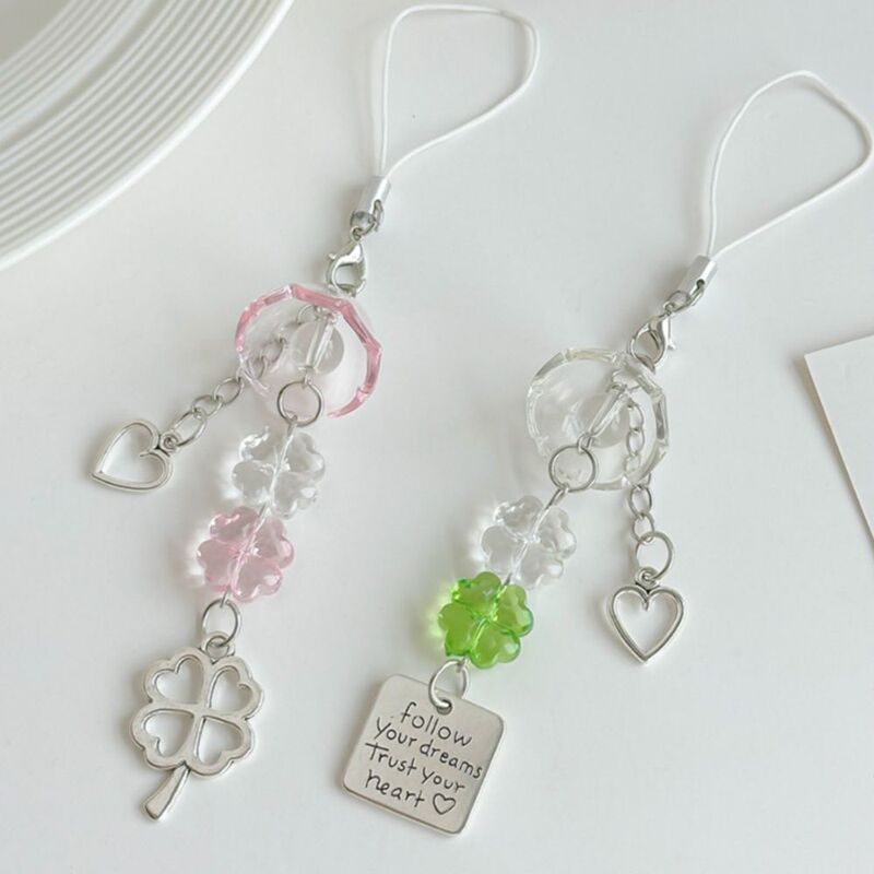 New Heart Wind Chime Four-Leaf Clover Mobile Phone Bag Camera Keychain Lucky Four-Leaf Clover Pendant Mobile Phone Chain Short Style