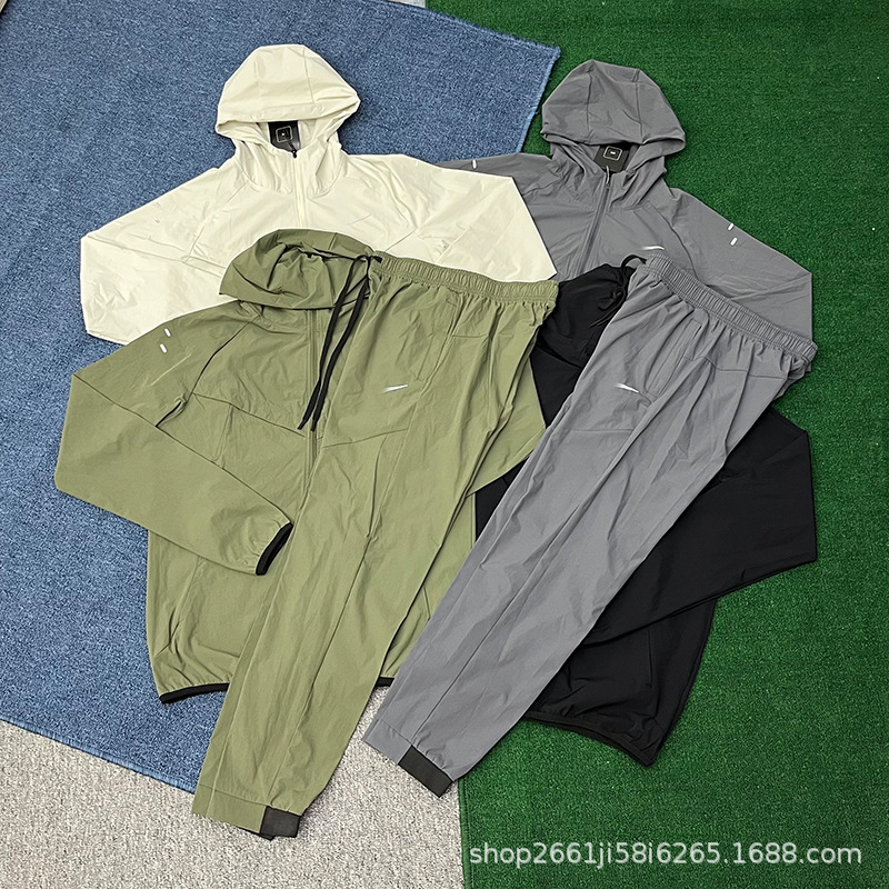 New Autumn and Winter Quick-Dry Sports Hooded Windproof Suit Loose Casual Long Pants Men's Jogger Thin Straight-Leg Running Trendy