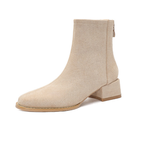 Women's thick-heeled short boots, low-heeled French nude boots, winter slim boots with back zipper, simple socks, socks boots, soft women's shoes