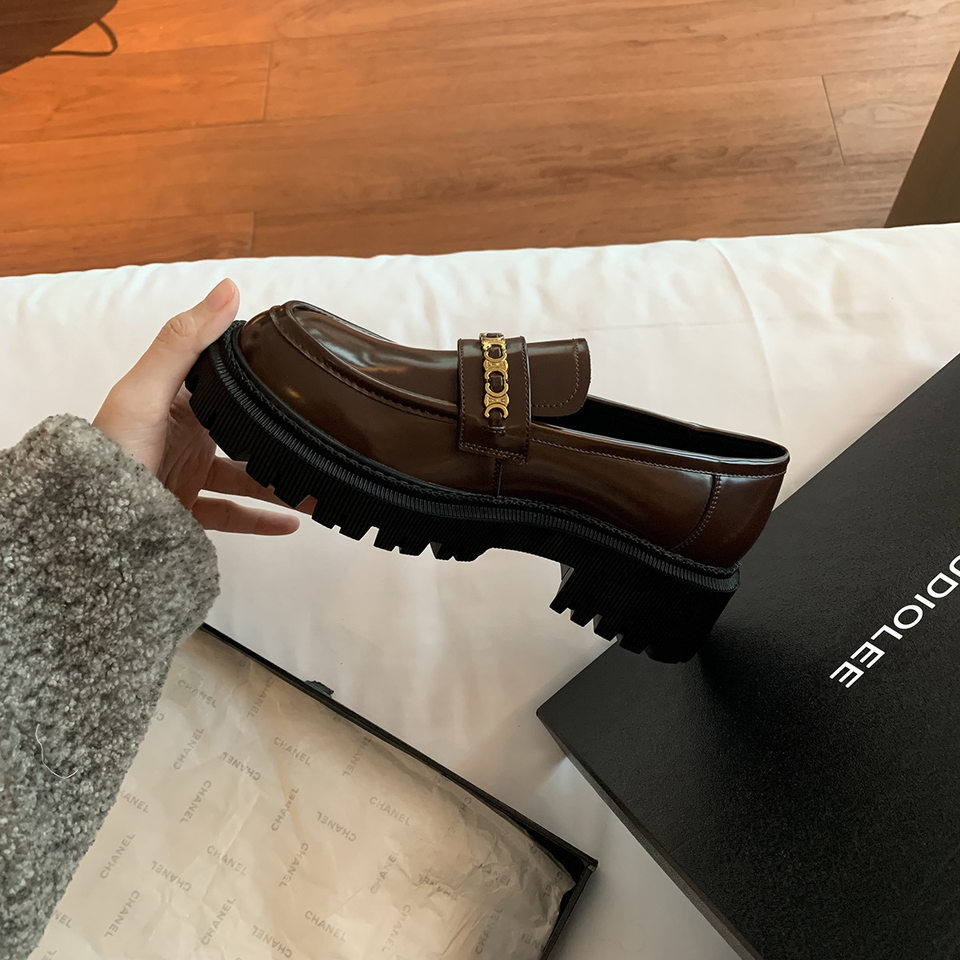 Giày lười nữ mũi tròn đế dày tôn dáng, xỏ chân kiểu slip-on gót thô 3–5 cm — Màu nâu, Màu đen