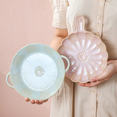 簡約現代風釉變純色陶瓷家用湯盤創意櫻花浮雕雙耳圓烤盤飯菜盤子