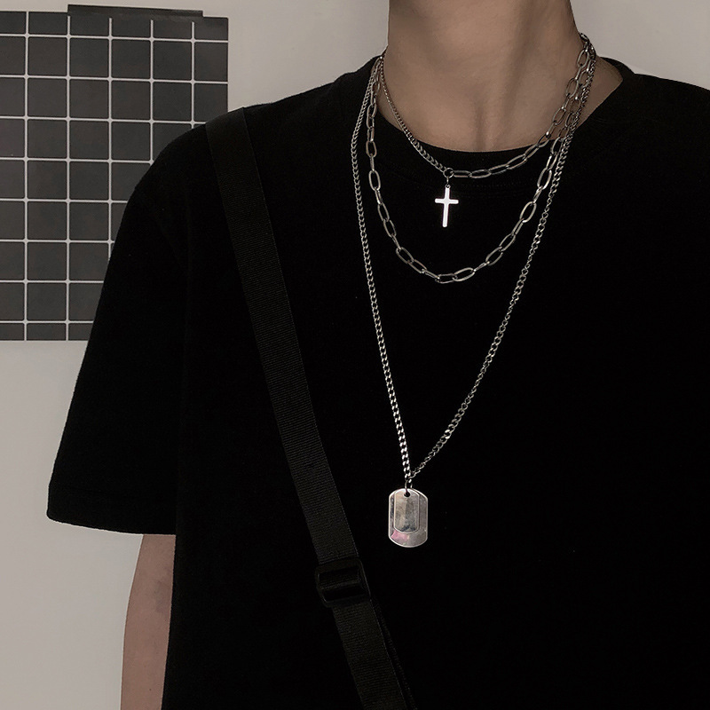 Necklace Men's Trendy Hip-Hop European and American Cross Military Brand Multi-Layer Pendant Disco Diablo Pendant Couple Student Punk