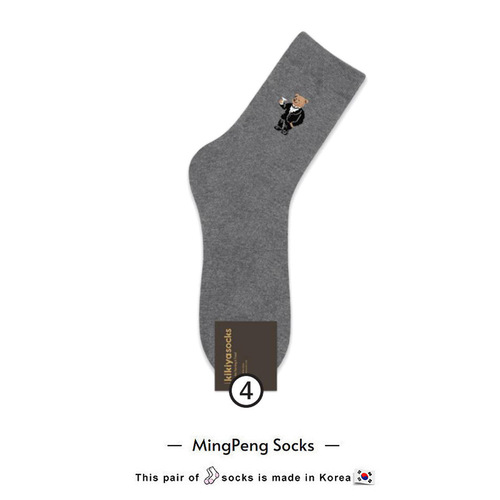 0Korean Socks Men's Mid-waist Cotton Socks Cartoon Bear Business Casual Zhongtong Kikiya Spring New Style