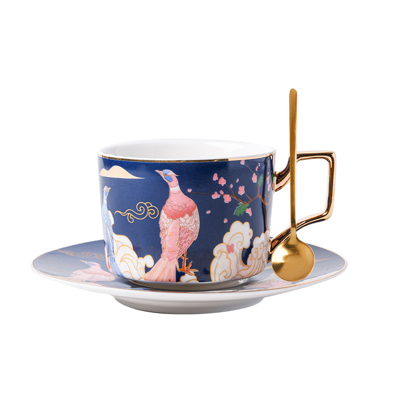 Azul-Taza de pavo real y cuchara de platillo