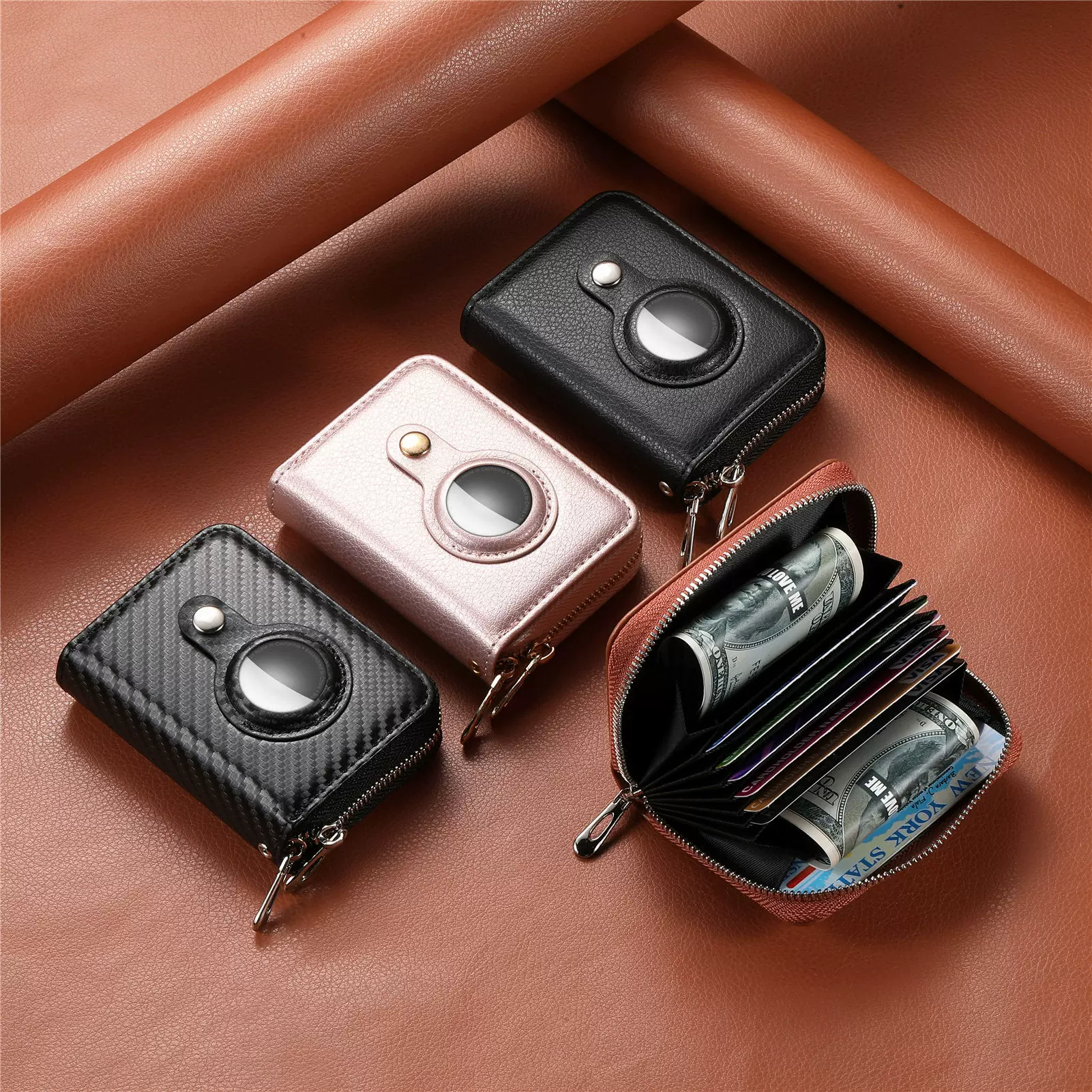 适用苹果Airtag定位器风琴卡包RFID双拉链钱包套碳纤维PU收纳卡套