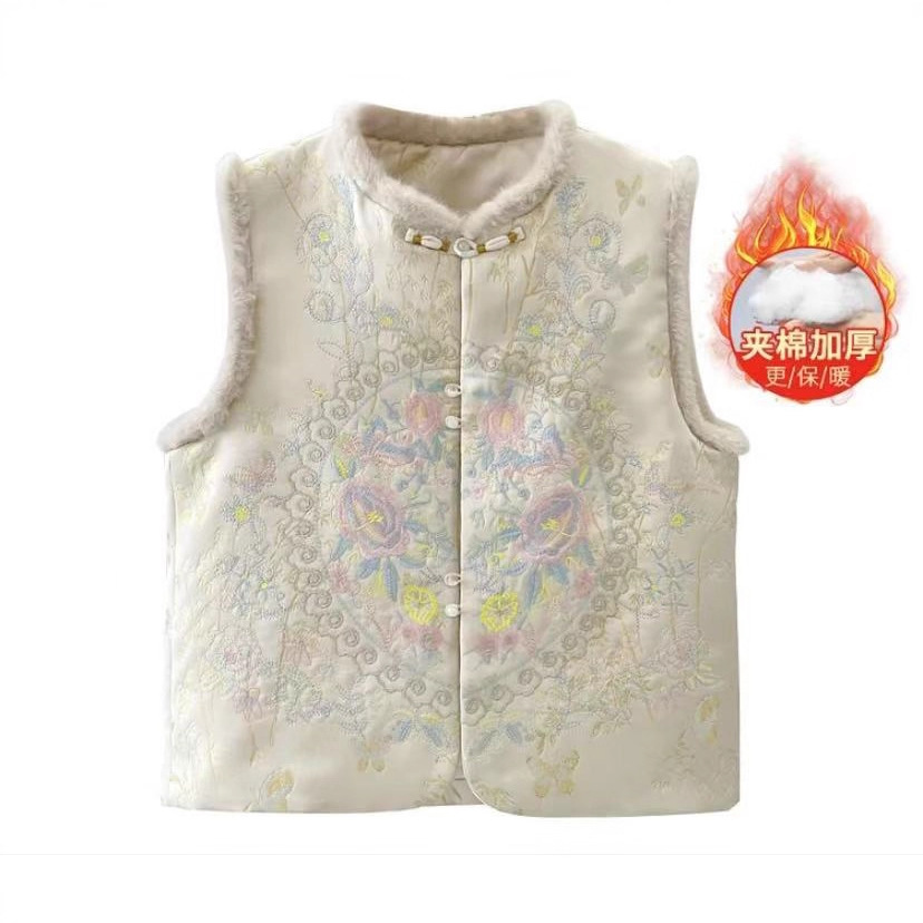 Invierno nuevo algodón grueso chaleco nuevo estilo chino suelto cuello redondo mujer estilo chino bordado abrigo cuello de lana