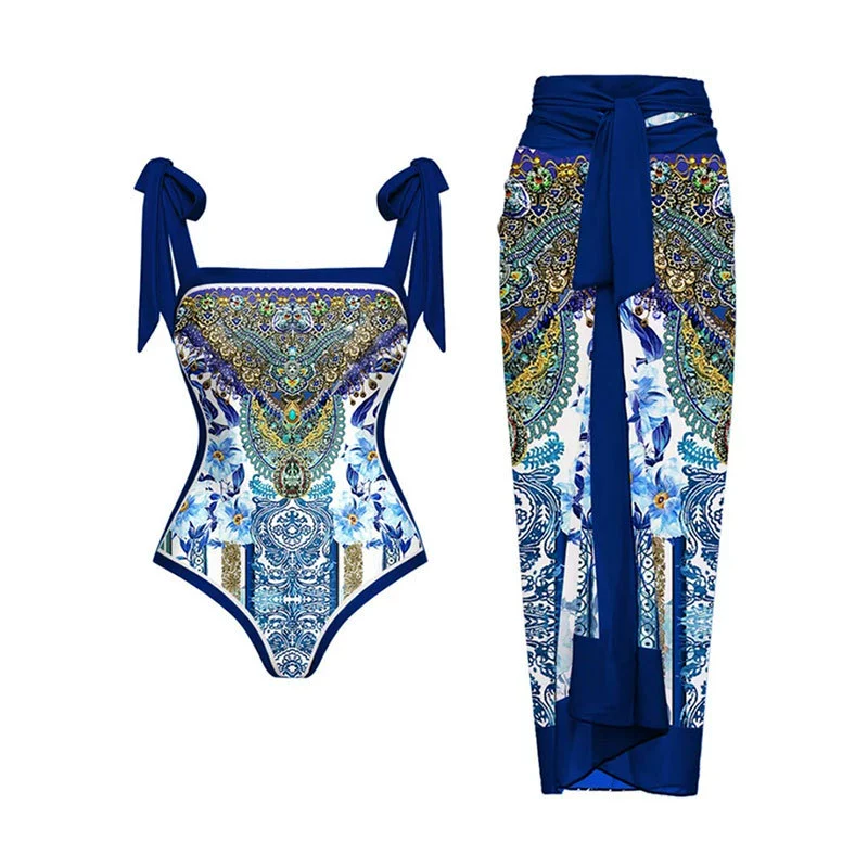 One-Piece Swimsuit (Qiao Jiayuan) 2025 Retro Style with Wrap Skirt, Crane Print, S–XL & One Size