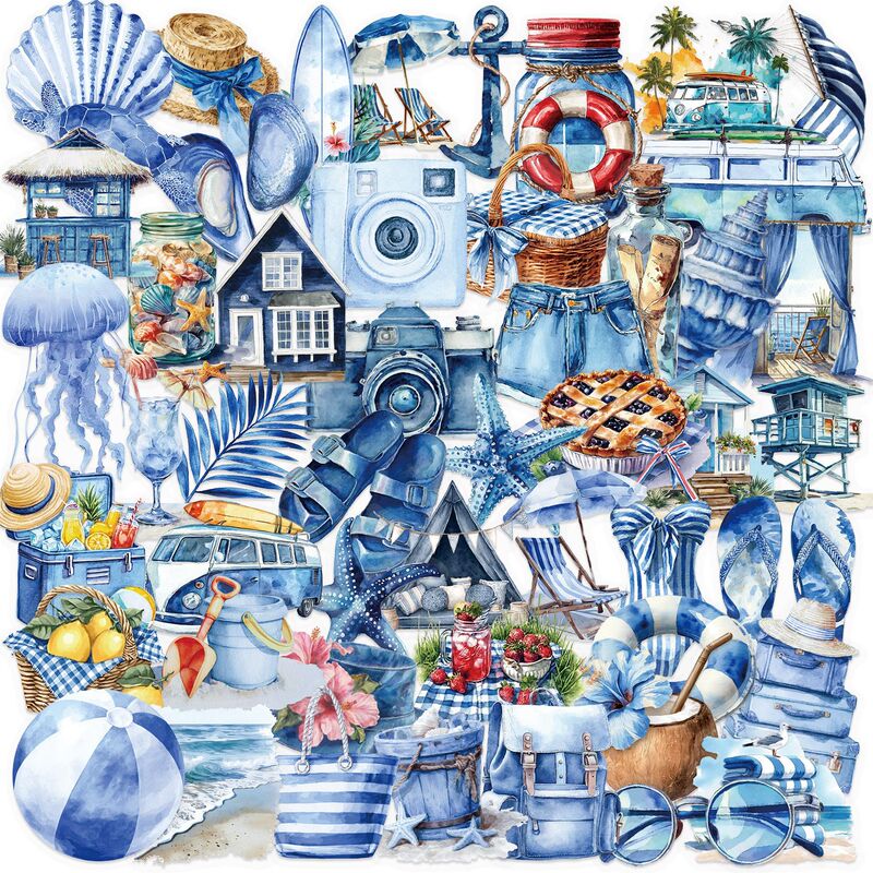 50 Transparent Cartoon Blue Beach Stickers Pack Waterproof Transparent Pet Journal Decoration Guitar Notebook Wholesale
