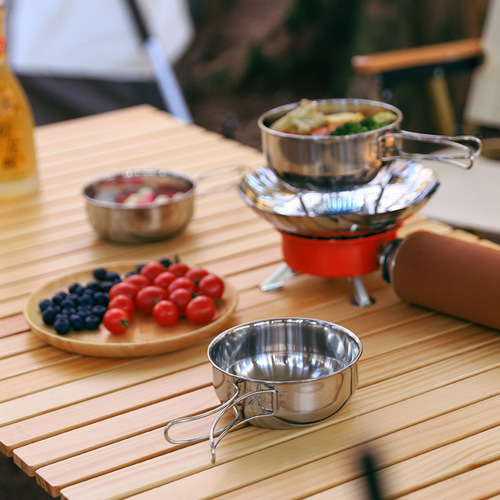 Outdoor camping 304 stainless steel folding bowl portable set of pots and picnic tableware multi-functional combination set of bowls and cookware