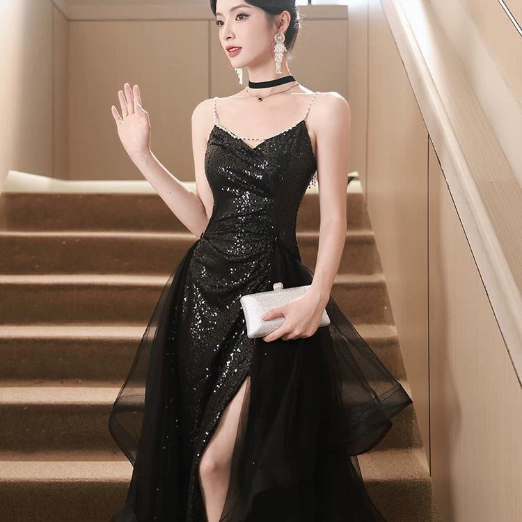 Черное вечернее платье, демисезонные ногтевые sequins, костюм, стиль высокого качества, утягивающий эффект