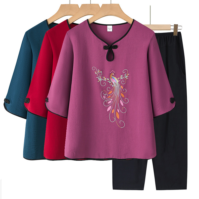 Middle-aged and elderly summer clothes grandma short-sleeved suit mother printed t-shirt two-piece old lady loose-fitting clothes