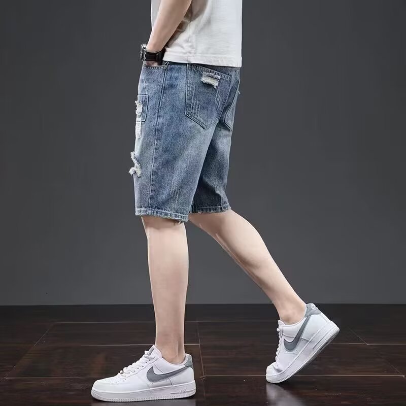 Men's Casual Ripped Denim Shorts Summer Thin Outerwear Ins Trendy Versatile Loose Straight Men's Shorts