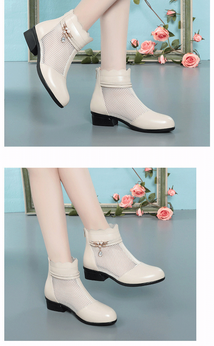 Boot nữ cổ thấp da thật lỗi họa tiết gót vuông phong cách Martin — màu be chi tiết 10