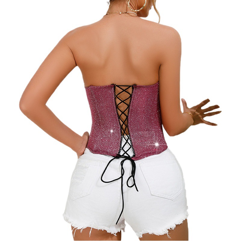 Top Tubo Brillante Plateado Puro y Seductor, con Escote en V Sexy, Tirantes de Corsé con Diseño de Espina de Pescado, Top Bustier Sensual y Atrevido, Éxito de Ventas Transfronterizo