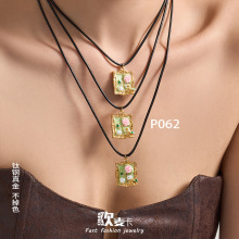 油画风花卉仿珍珠滴油画框吊坠项链复古优雅精致皮绳锁骨链不掉色
